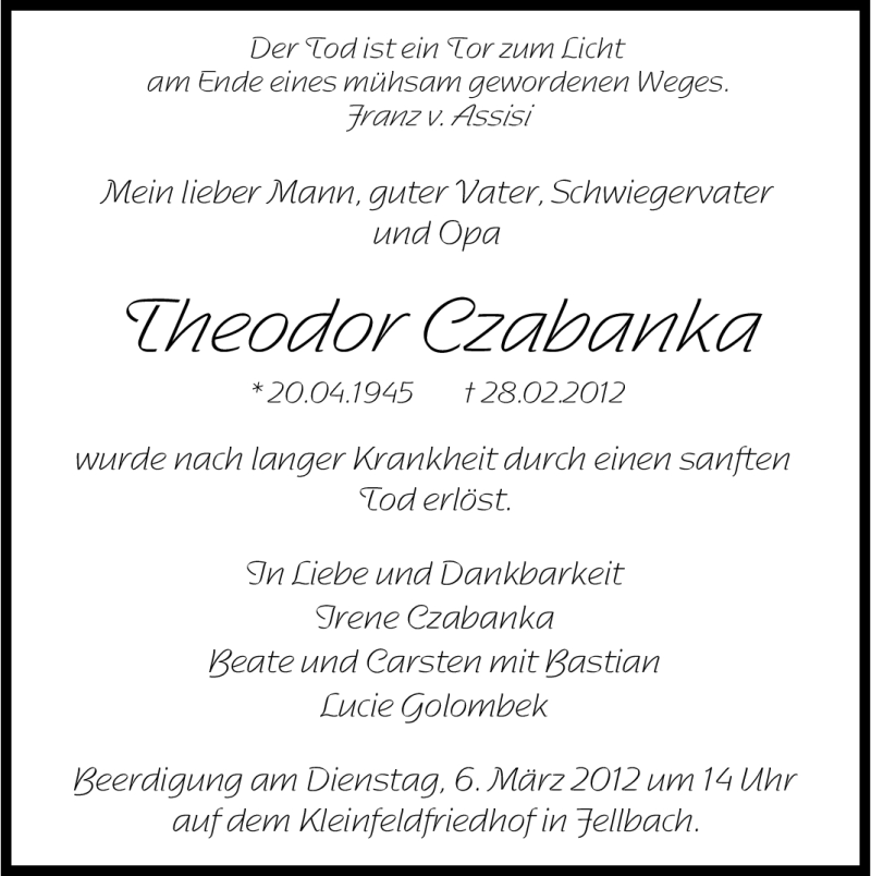  Traueranzeige für Theodor Czabanka vom 03.03.2012 aus Stuttgarter Zeitung / Stuttgarter Nachrichten