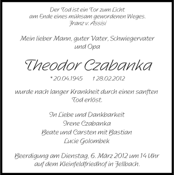 Traueranzeige von Theodor Czabanka von Stuttgarter Zeitung / Stuttgarter Nachrichten