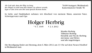 Traueranzeige von Holger Herdrig von Stuttgarter Zeitung / Stuttgarter Nachrichten