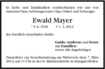 Traueranzeige von Ewald Mayer von Stuttgarter Zeitung / Stuttgarter Nachrichten