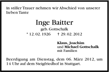 Traueranzeige von Inge Baitter von Stuttgarter Zeitung / Stuttgarter Nachrichten