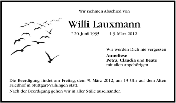 Traueranzeige von Willi Lauxmann von Stuttgarter Zeitung / Stuttgarter Nachrichten