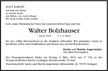 Traueranzeige von Walter Bolzhauser von Stuttgarter Zeitung / Stuttgarter Nachrichten