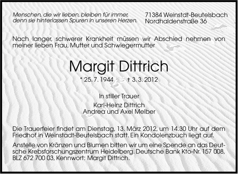  Traueranzeige für Margit Dittrich vom 07.03.2012 aus Stuttgarter Zeitung / Stuttgarter Nachrichten