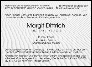 Traueranzeige von Margit Dittrich von Stuttgarter Zeitung / Stuttgarter Nachrichten
