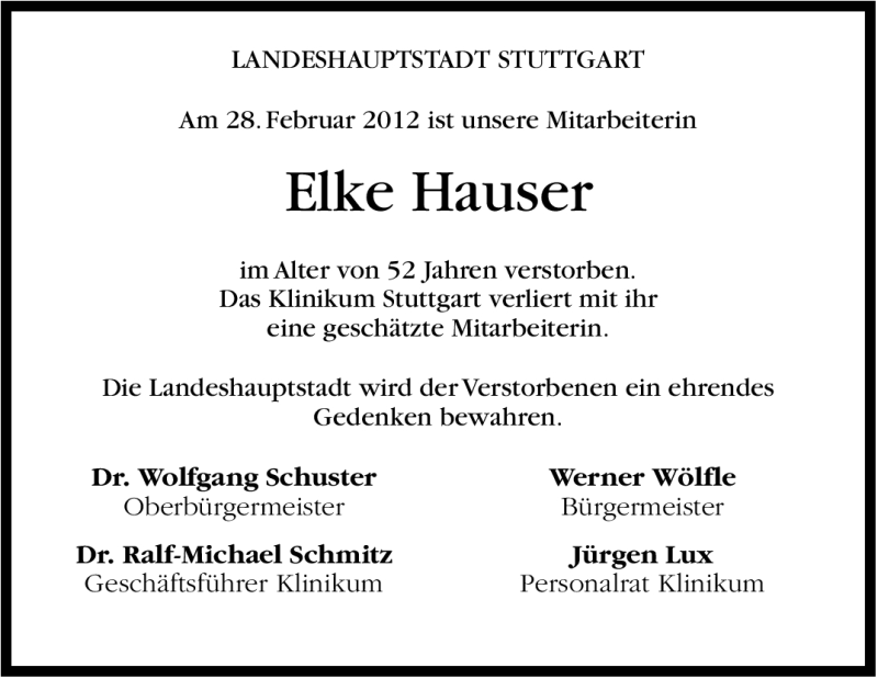  Traueranzeige für Elke Hauser vom 07.03.2012 aus Stuttgarter Zeitung / Stuttgarter Nachrichten