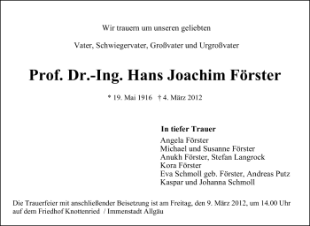 Traueranzeige von Hans Joachim Förster von Stuttgarter Zeitung / Stuttgarter Nachrichten