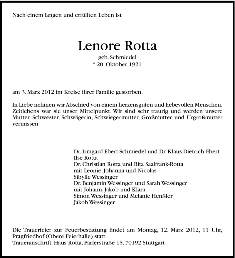  Traueranzeige für Lenore Rotta vom 07.03.2012 aus Stuttgarter Zeitung / Stuttgarter Nachrichten