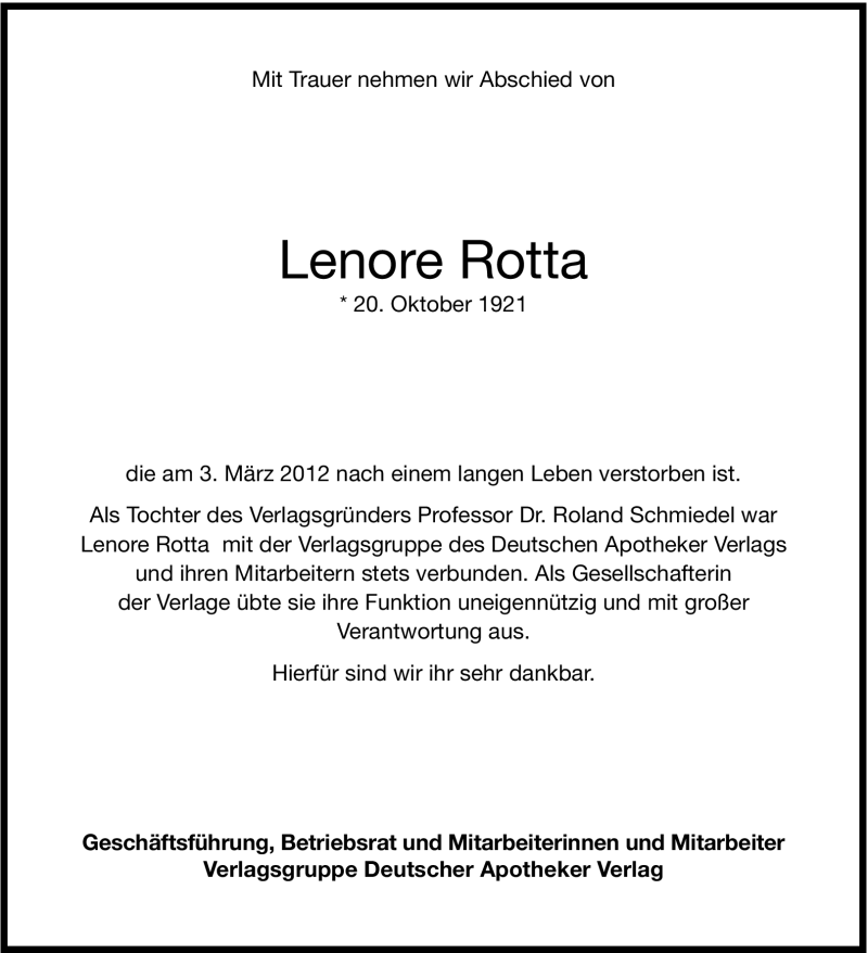  Traueranzeige für Lenore Rotta vom 07.03.2012 aus Stuttgarter Zeitung / Stuttgarter Nachrichten