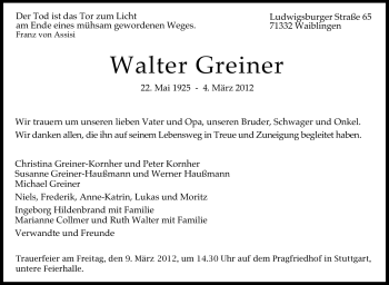 Traueranzeige von Walter Greiner von Stuttgarter Zeitung / Stuttgarter Nachrichten