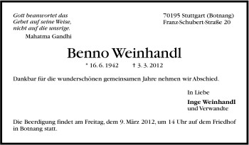 Traueranzeige von Benno Weinhandl von Stuttgarter Zeitung / Stuttgarter Nachrichten