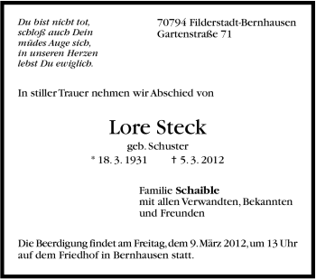 Traueranzeige von Lore Steck von Stuttgarter Zeitung / Stuttgarter Nachrichten
