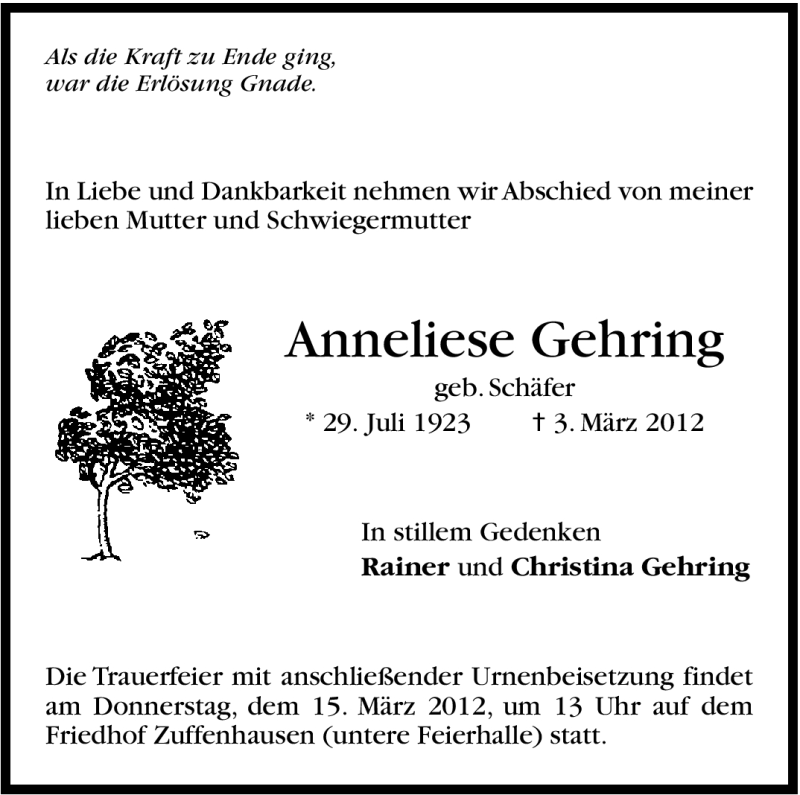  Traueranzeige für Anneliese Gehring vom 12.03.2012 aus Stuttgarter Zeitung / Stuttgarter Nachrichten