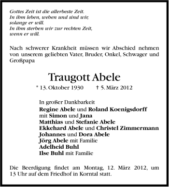 Traueranzeige von Traugott Abele von Stuttgarter Zeitung / Stuttgarter Nachrichten