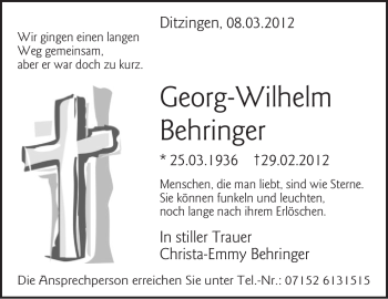 Traueranzeige von Georg-Wilhelm Behringer von Stuttgarter Zeitung / Stuttgarter Nachrichten