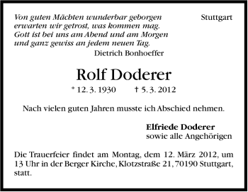 Traueranzeige von Rolf Doderer von Stuttgarter Zeitung / Stuttgarter Nachrichten