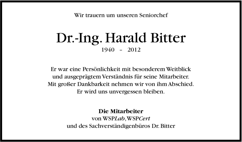  Traueranzeige für Harald Bitter vom 08.03.2012 aus Stuttgarter Zeitung / Stuttgarter Nachrichten