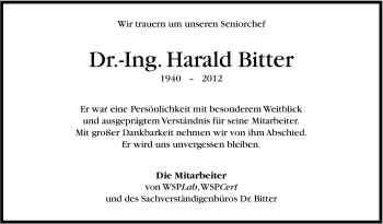Traueranzeige von Harald Bitter von Stuttgarter Zeitung / Stuttgarter Nachrichten