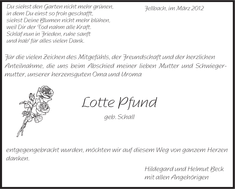  Traueranzeige für Lotte Pfund vom 10.03.2012 aus Stuttgarter Zeitung / Stuttgarter Nachrichten