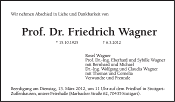 Traueranzeige von Friedrich Wagner von Stuttgarter Zeitung / Stuttgarter Nachrichten