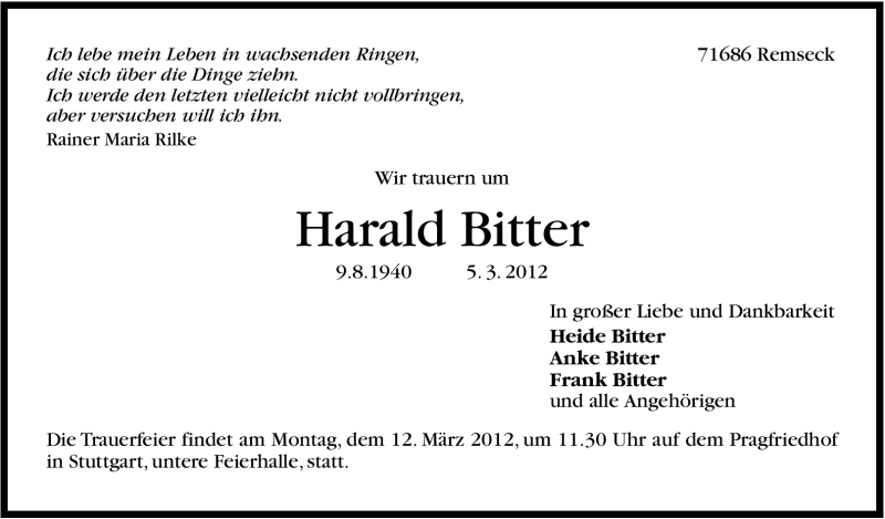  Traueranzeige für Harald Bitter vom 08.03.2012 aus Stuttgarter Zeitung / Stuttgarter Nachrichten