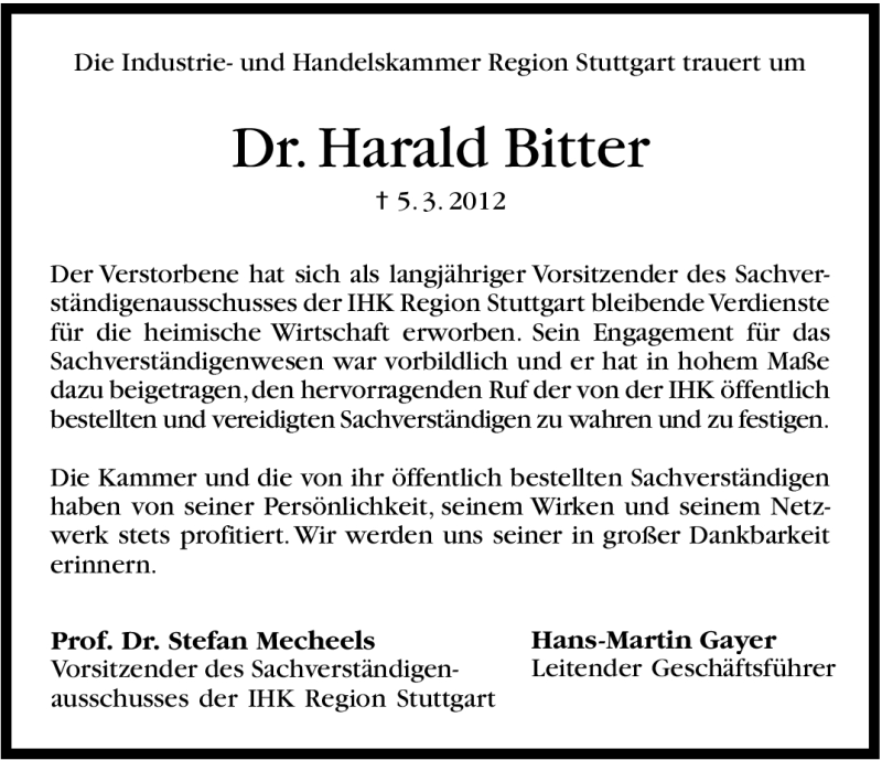  Traueranzeige für Harald Bitter vom 08.03.2012 aus Stuttgarter Zeitung / Stuttgarter Nachrichten