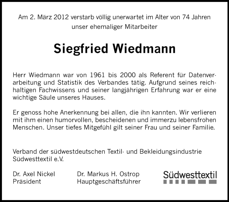  Traueranzeige für Siegfried Wiedmann vom 08.03.2012 aus Stuttgarter Zeitung / Stuttgarter Nachrichten