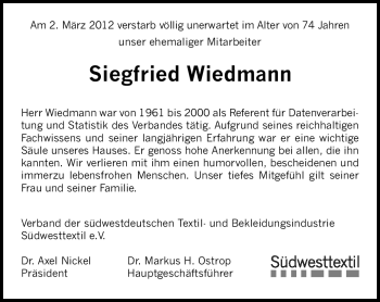 Traueranzeige von Siegfried Wiedmann von Stuttgarter Zeitung / Stuttgarter Nachrichten