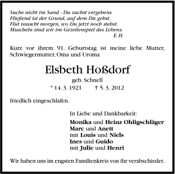 Traueranzeige von Elsbeth Hoßdorf von Stuttgarter Zeitung / Stuttgarter Nachrichten