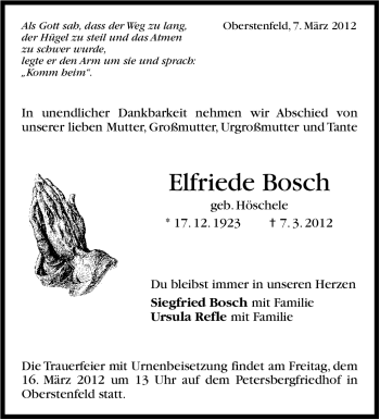 Traueranzeige von Elfriede Bosch von Marbacher Zeitung