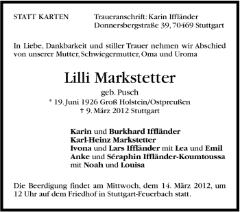 Traueranzeige von Lilli Markstetter von Stuttgarter Zeitung / Stuttgarter Nachrichten