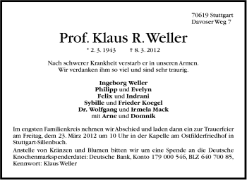 Traueranzeige von Klaus Weller von Stuttgarter Zeitung / Stuttgarter Nachrichten