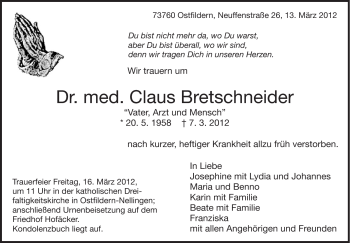 Traueranzeige von Claus Brettschneider von Stuttgarter Zeitung / Stuttgarter Nachrichten