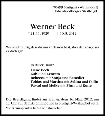 Traueranzeige von Werner Beck von Stuttgarter Zeitung / Stuttgarter Nachrichten
