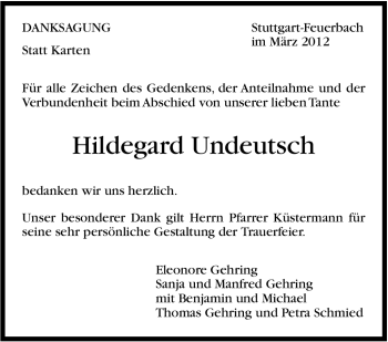 Traueranzeige von Hildegard Undeutsch von Stuttgarter Zeitung / Stuttgarter Nachrichten