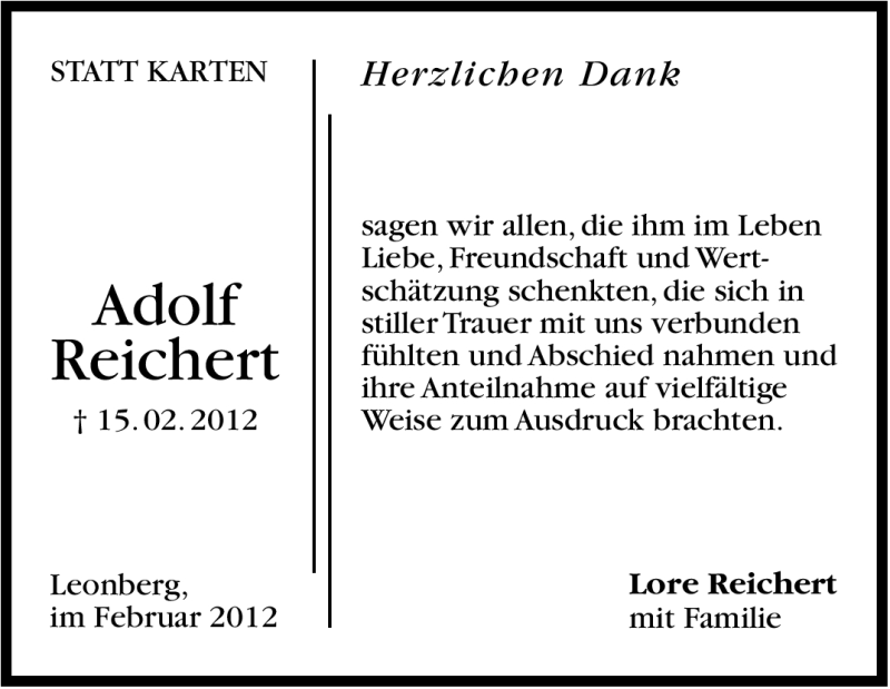  Traueranzeige für Adolf Reichert vom 15.03.2012 aus Stuttgarter Zeitung / Stuttgarter Nachrichten