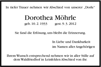 Traueranzeige von Dorothea Möhrle von Stuttgarter Zeitung / Stuttgarter Nachrichten