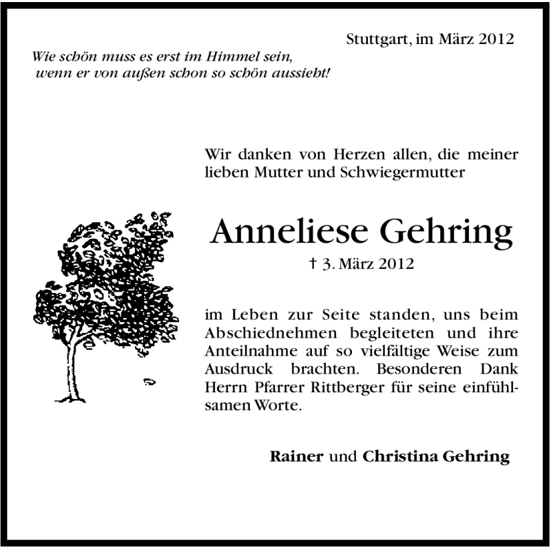  Traueranzeige für Anneliese Gehring vom 20.03.2012 aus Stuttgarter Zeitung / Stuttgarter Nachrichten
