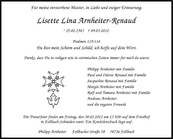 Traueranzeige von Lisette Lina Arnheiter-Renaud von Stuttgarter Zeitung / Stuttgarter Nachrichten