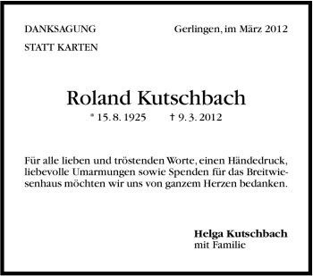 Traueranzeige von Roland Kutschbach von Stuttgarter Zeitung / Stuttgarter Nachrichten