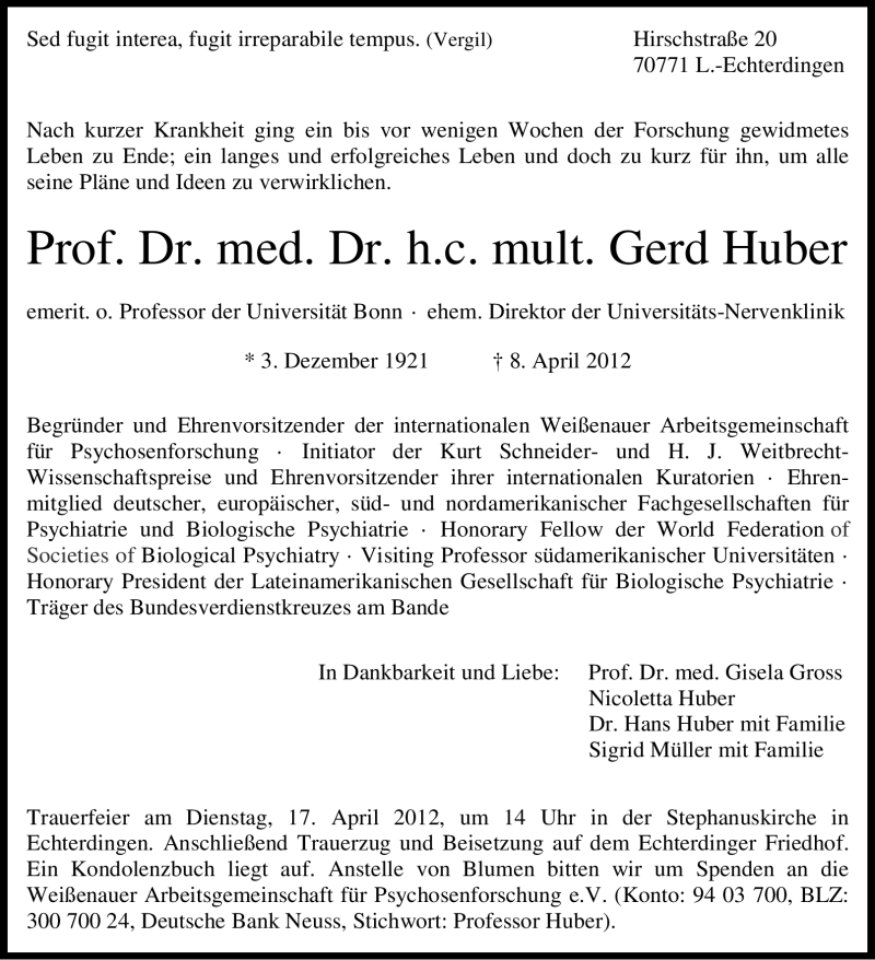  Traueranzeige für Gerd Huber vom 11.04.2012 aus Stuttgarter Zeitung / Stuttgarter Nachrichten