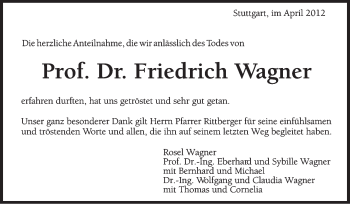 Traueranzeige von Friedrich Wagner von Stuttgarter Zeitung / Stuttgarter Nachrichten