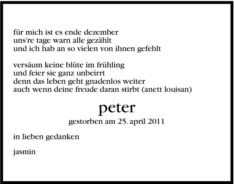  Traueranzeige für Peter Böhm vom 25.04.2012 aus Stuttgarter Zeitung / Stuttgarter Nachrichten