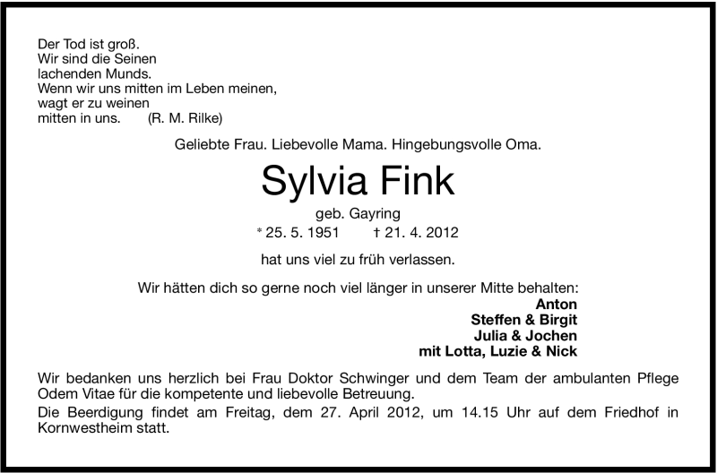  Traueranzeige für Sylvia Fink vom 24.04.2012 aus Stuttgarter Zeitung / Stuttgarter Nachrichten