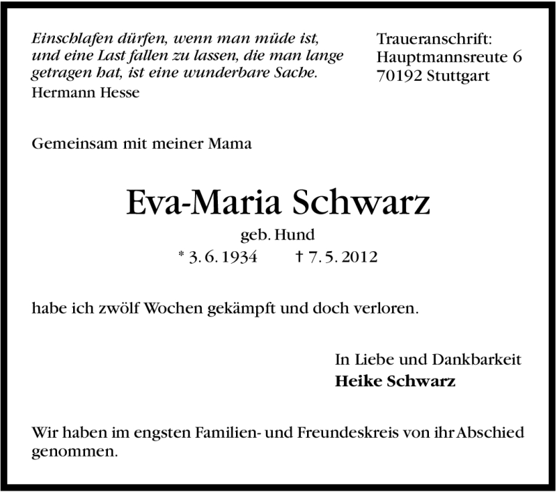  Traueranzeige für Eva-Maria Schwarz vom 15.05.2012 aus Stuttgarter Zeitung / Stuttgarter Nachrichten