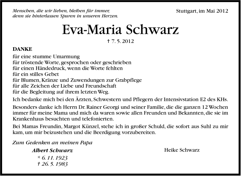  Traueranzeige für Eva-Maria Schwarz vom 26.05.2012 aus Stuttgarter Zeitung / Stuttgarter Nachrichten