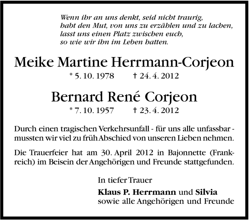  Traueranzeige für Meike Martine und Bernhard René Corjeon vom 30.05.2012 aus Stuttgarter Zeitung / Stuttgarter Nachrichten