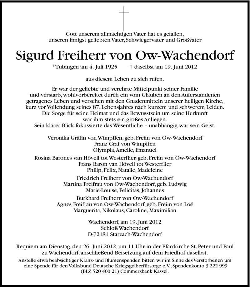  Traueranzeige für Sigurd Freiherr von Ow-Wachendorf vom 21.06.2012 aus Stuttgarter Zeitung / Stuttgarter Nachrichten