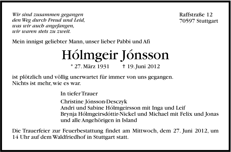  Traueranzeige für Hólmgeir Jónsson vom 23.06.2012 aus Stuttgarter Zeitung / Stuttgarter Nachrichten