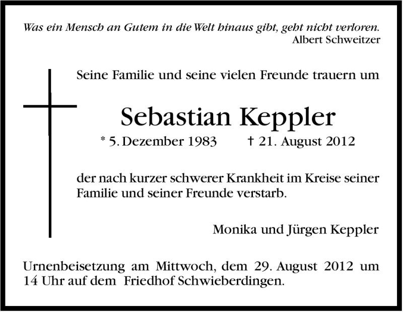  Traueranzeige für Sebastian Keppler vom 25.08.2012 aus Stuttgarter Zeitung / Stuttgarter Nachrichten